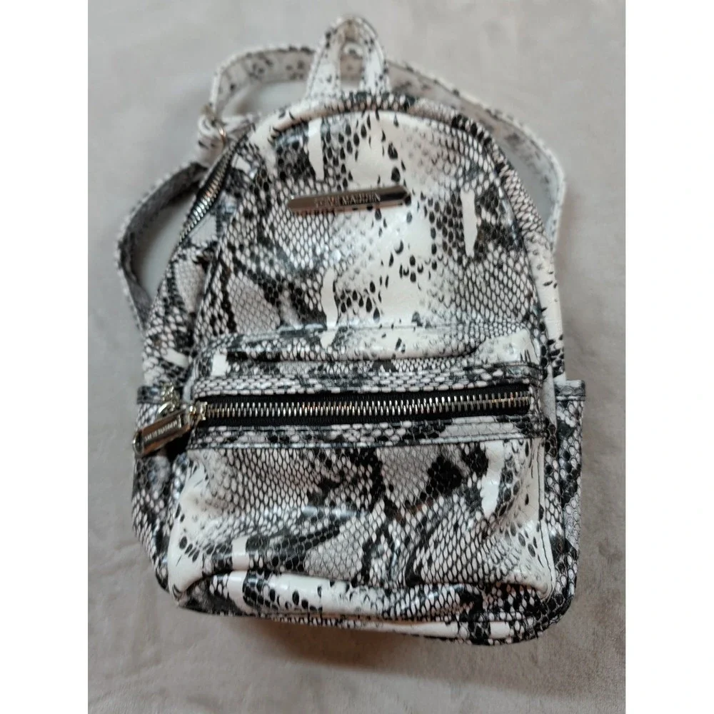 Steve Madden Mini Backpack Snakeskin Print Faux Leather Black White Animal Print
